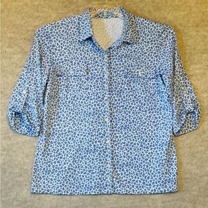 J.McLaughlin Blue White Leopard Print Button Up Shirt Size XL Roll Tab Sleeve